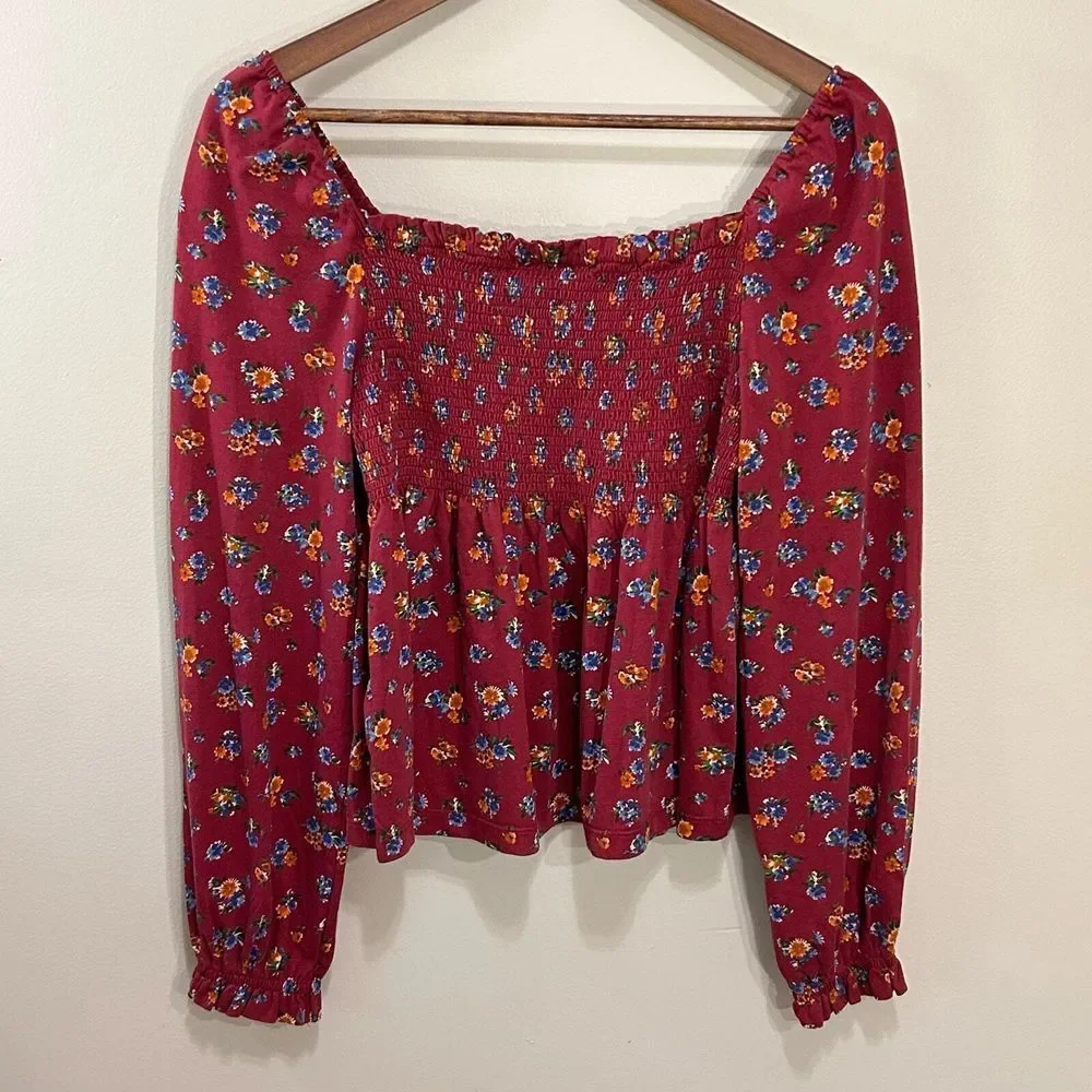 Polo Ralph Lauren‎ Girls Top Size 5 Burgundy Floral Smocked Square Neck Blouse